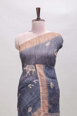Grey floral & elephant motifs linen cotton with contrast border and matching blouse