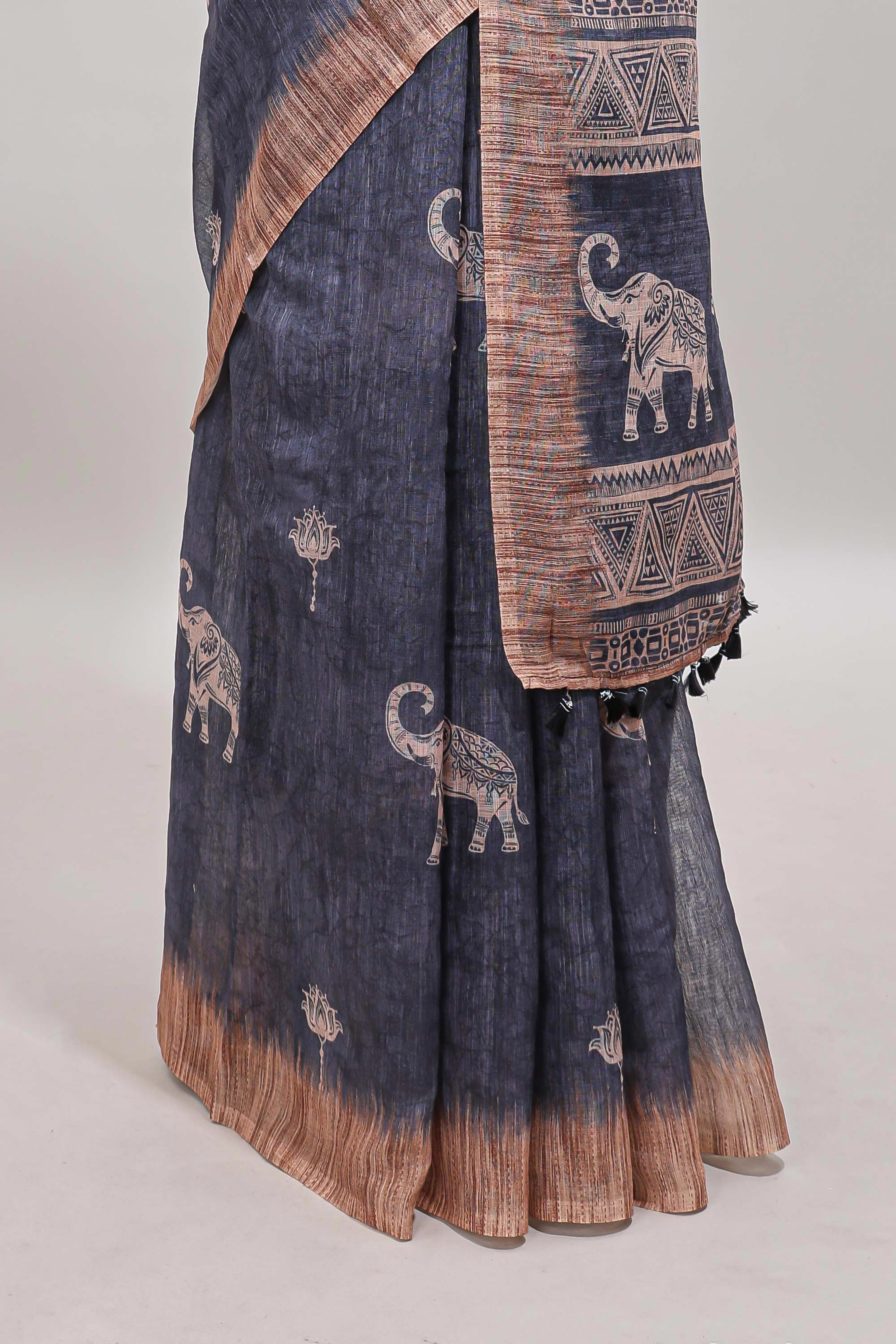 Grey floral & elephant motifs linen cotton with contrast border and matching blouse