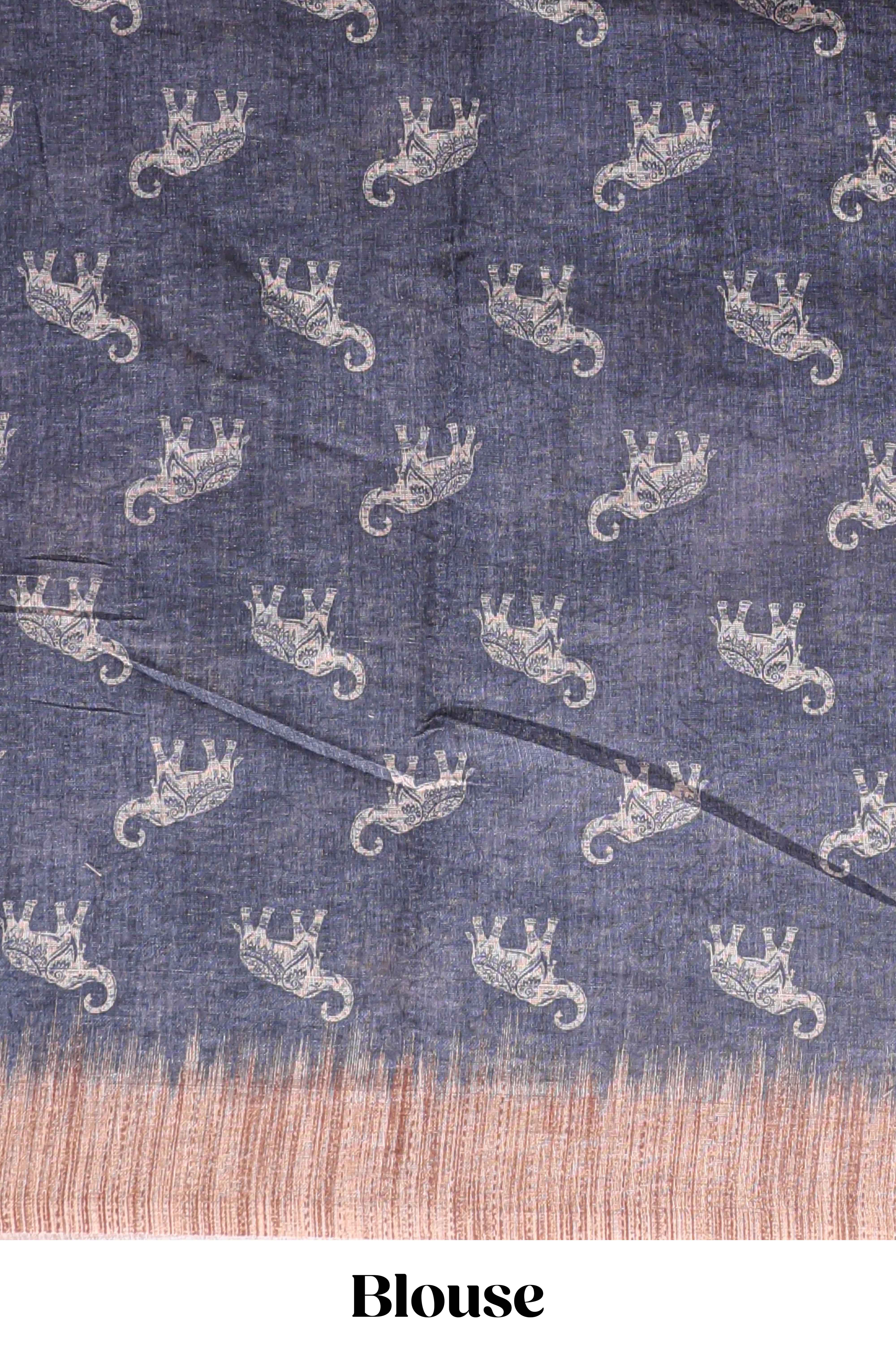 Grey floral & elephant motifs linen cotton with contrast border and matching blouse