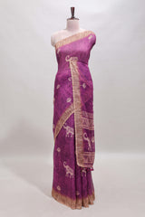 Magenta floral & elephant motifs linen cotton with contrast border and matching blouse