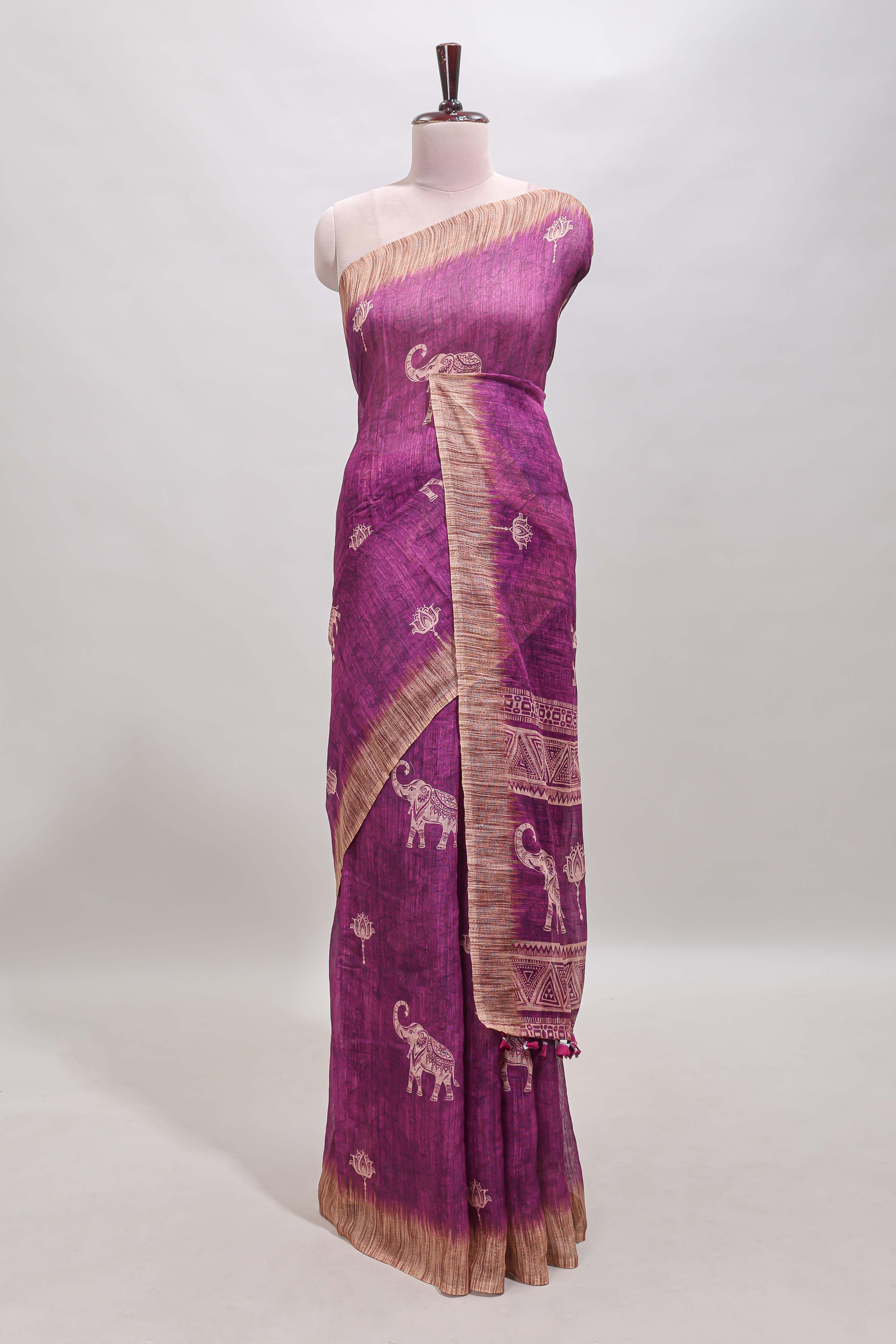 Magenta floral & elephant motifs linen cotton with contrast border and matching blouse