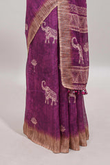 Magenta floral & elephant motifs linen cotton with contrast border and matching blouse