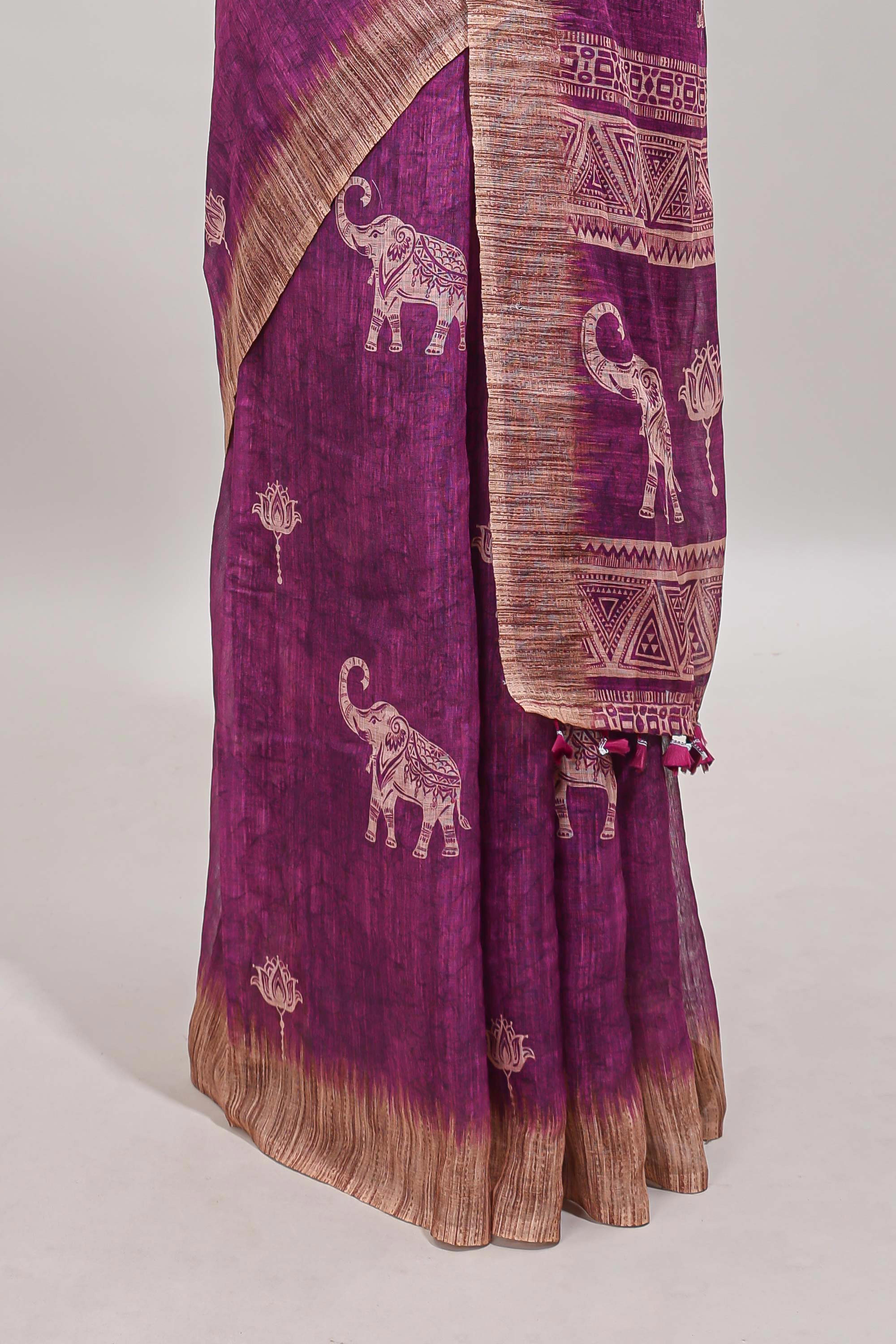 Magenta floral & elephant motifs linen cotton with contrast border and matching blouse
