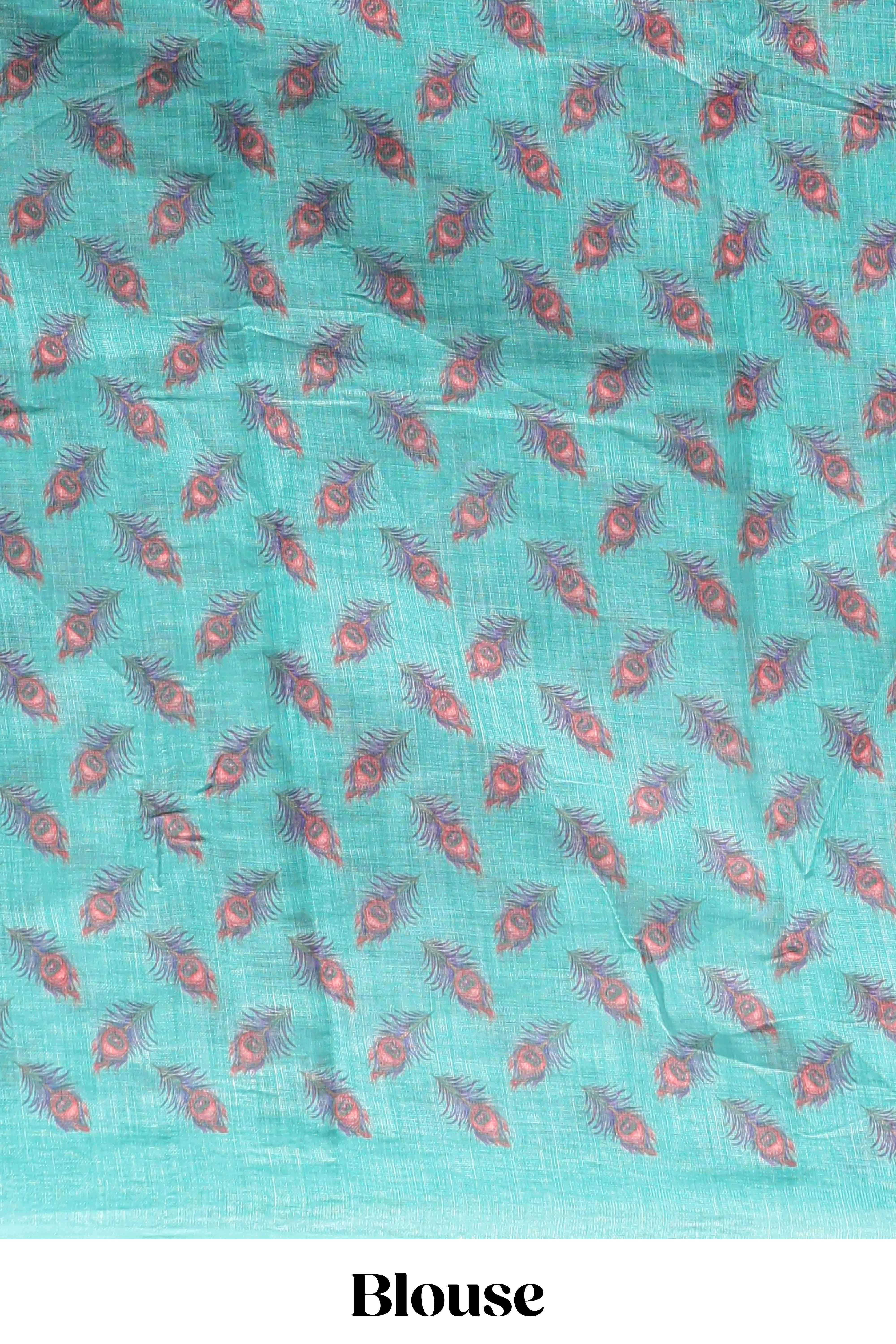 Green peacock feather motifs linen cotton saree with self border and matching blouse