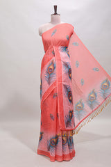Orange peacock feather motifs linen cotton saree with self border and matching blouse