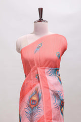 Orange peacock feather motifs linen cotton saree with self border and matching blouse