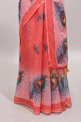 Orange peacock feather motifs linen cotton saree with self border and matching blouse