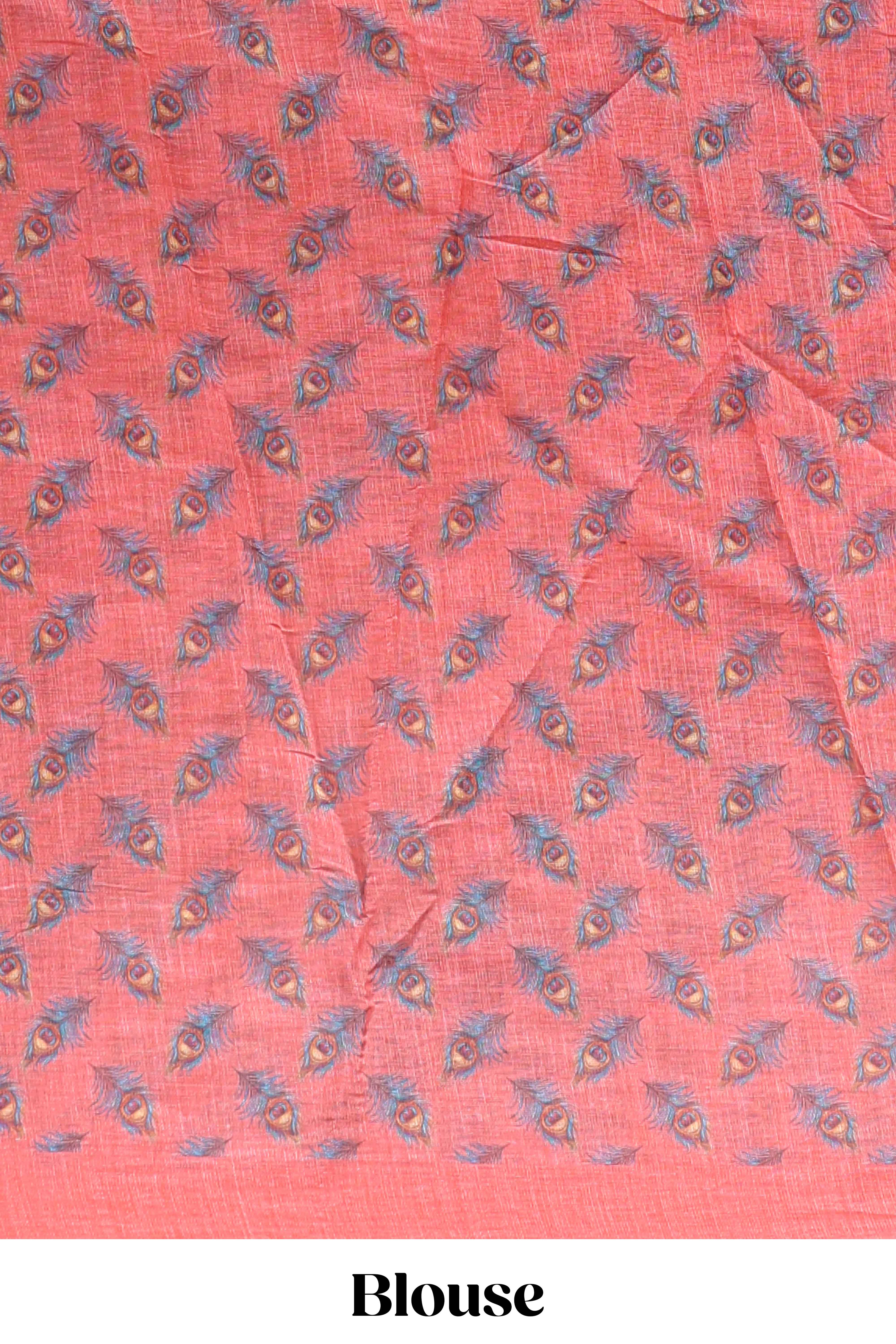 Orange peacock feather motifs linen cotton saree with self border and matching blouse