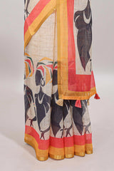 Beige artistic traditional tribal print linen cotton saree with contrast border and multi color blouse