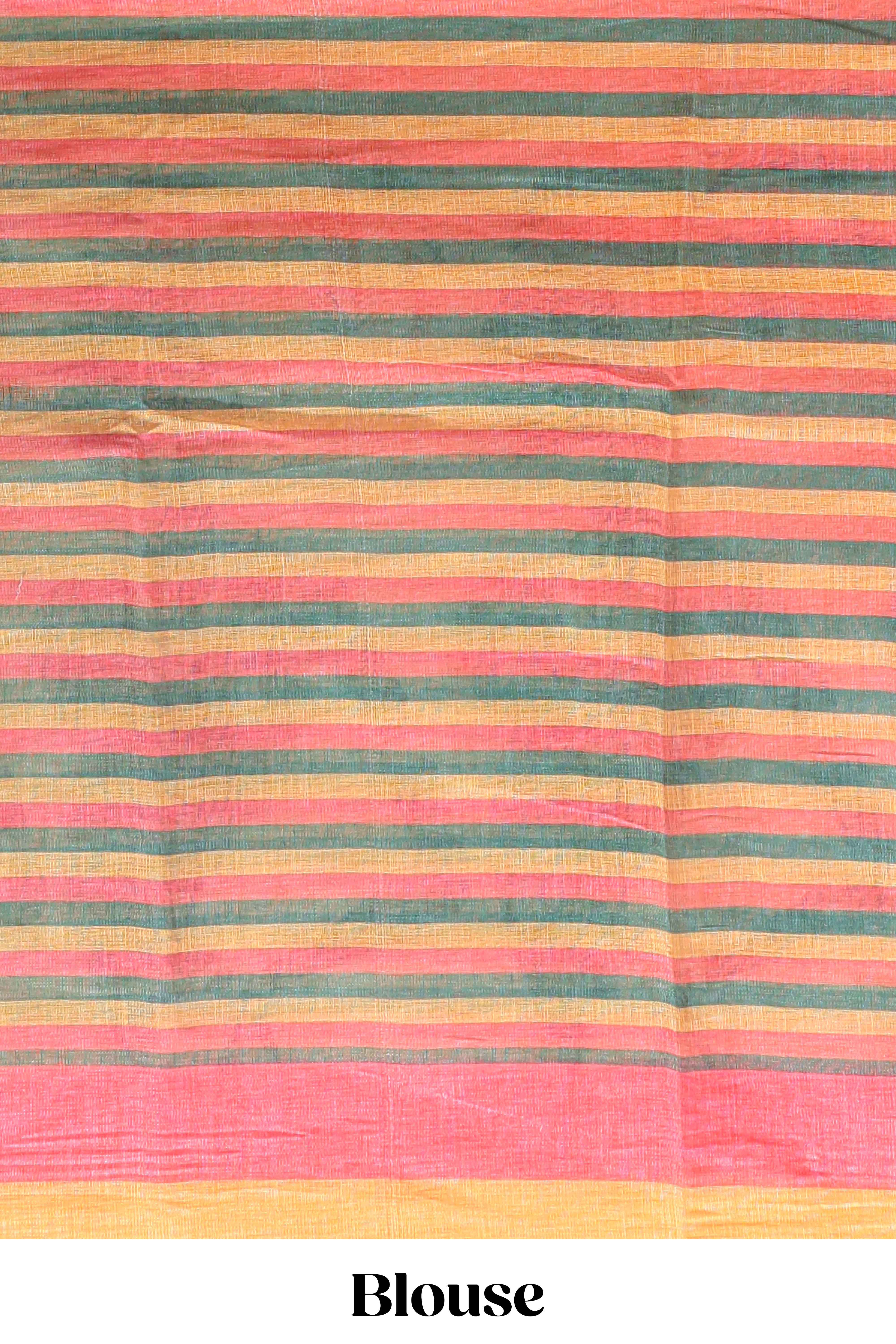 Beige artistic traditional tribal print linen cotton saree with contrast border and multi color blouse