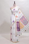 White floral design linen cotton saree with self zari border and contrast blouse