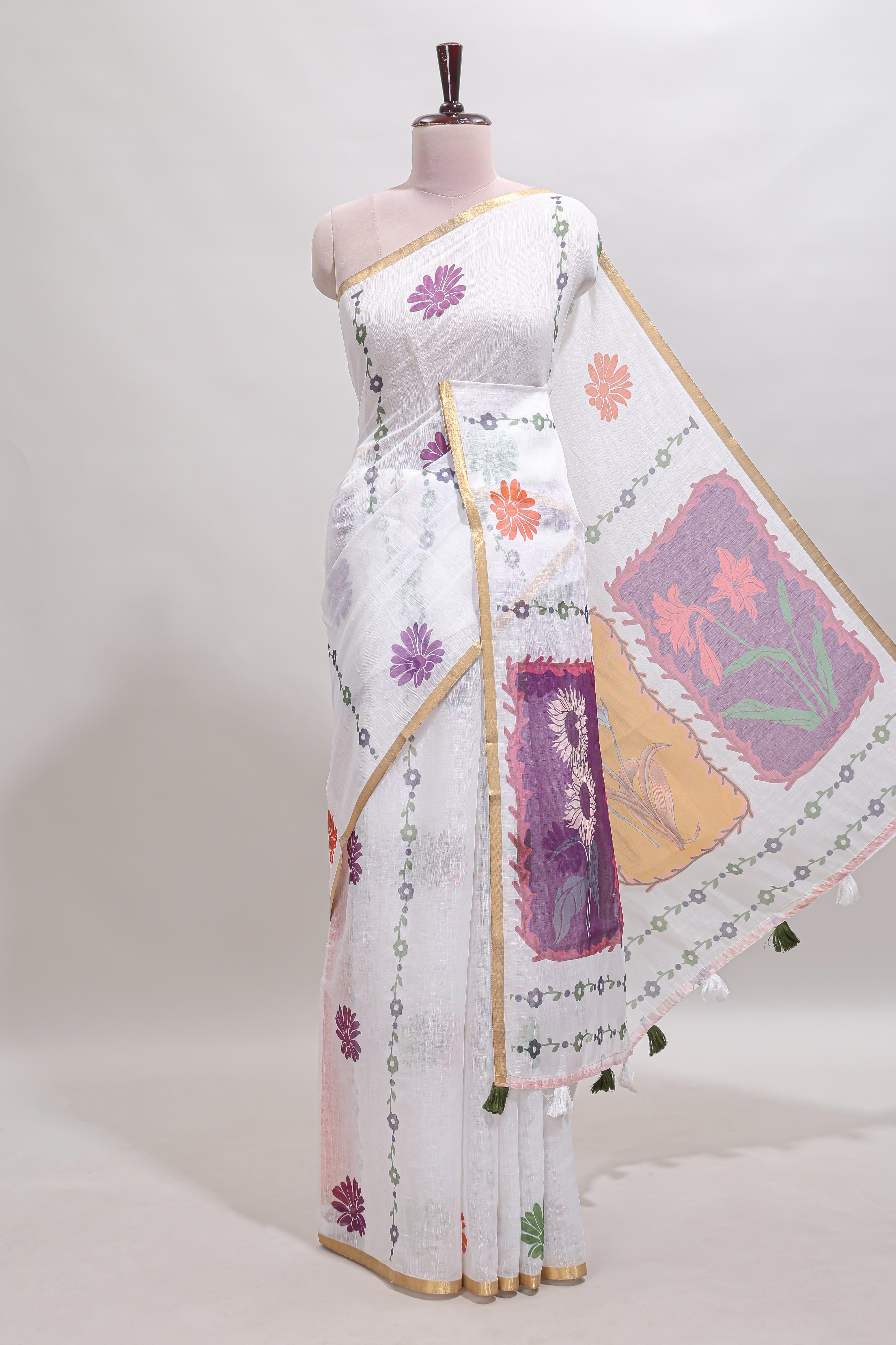 White floral design linen cotton saree with self zari border and contrast blouse
