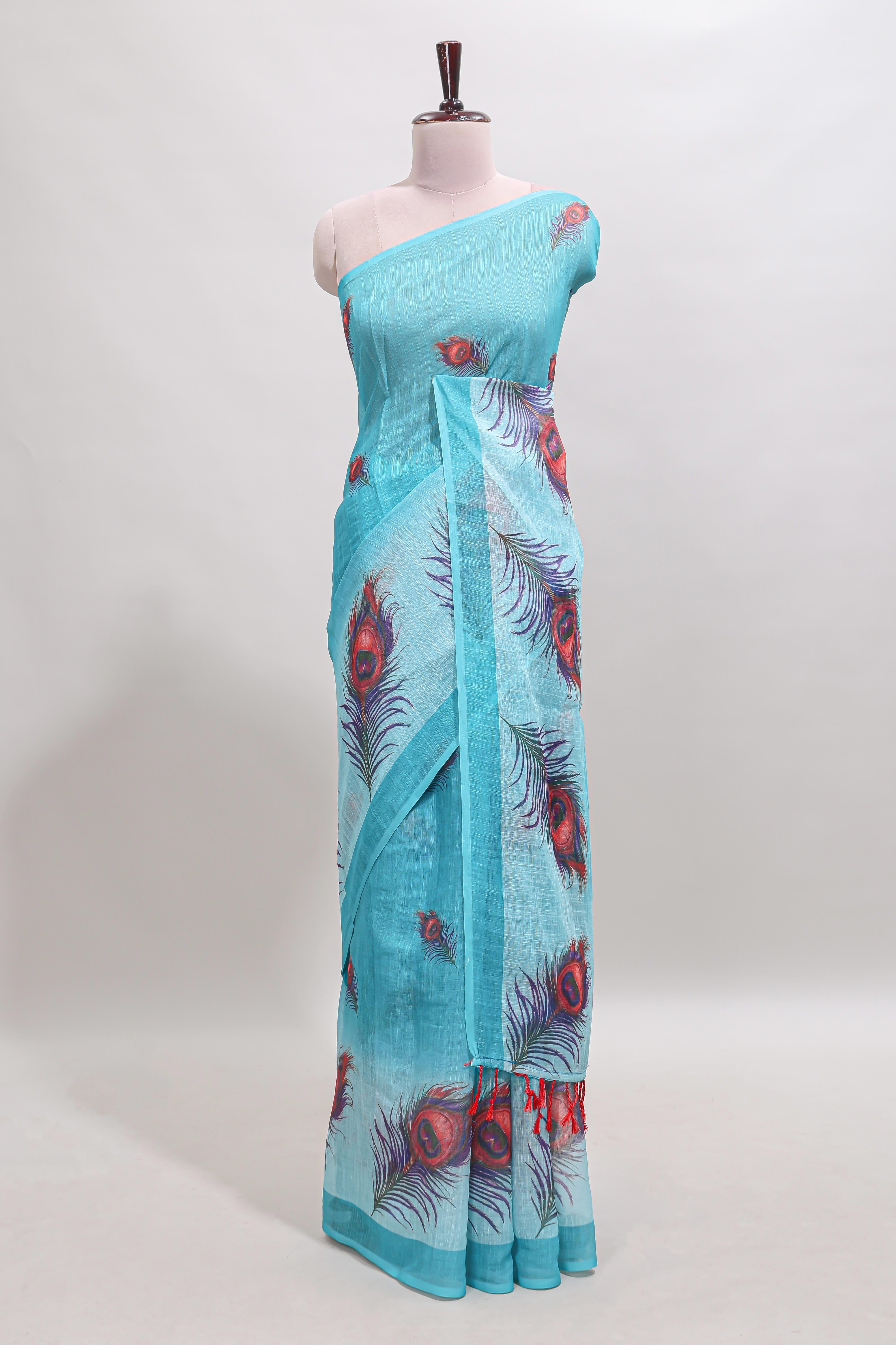 Sky blue floral design linen cotton saree with self zari border and matching blouse