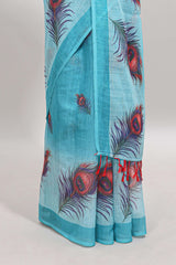 Sky blue floral design linen cotton saree with self zari border and matching blouse