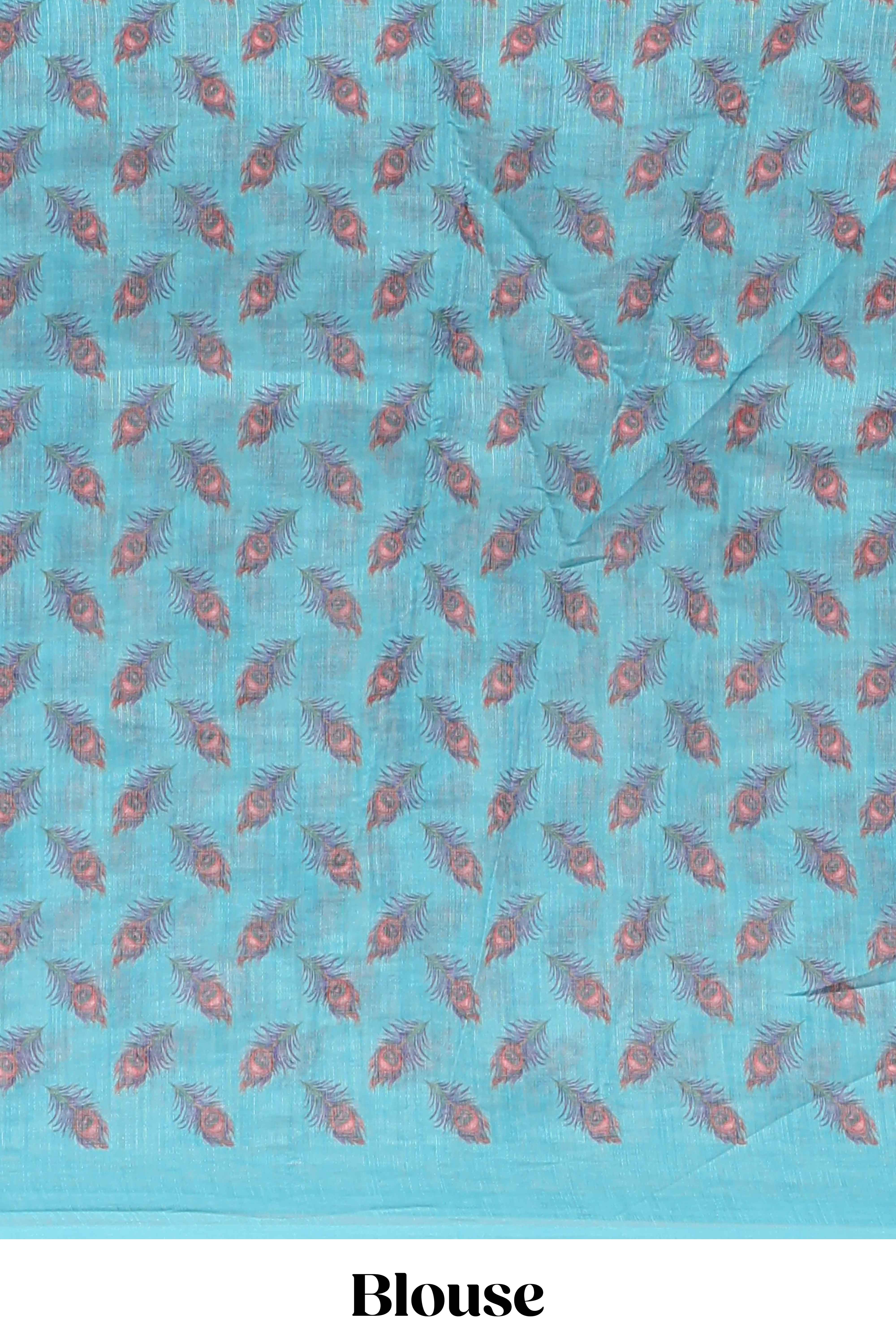 Sky blue floral design linen cotton saree with self zari border and matching blouse