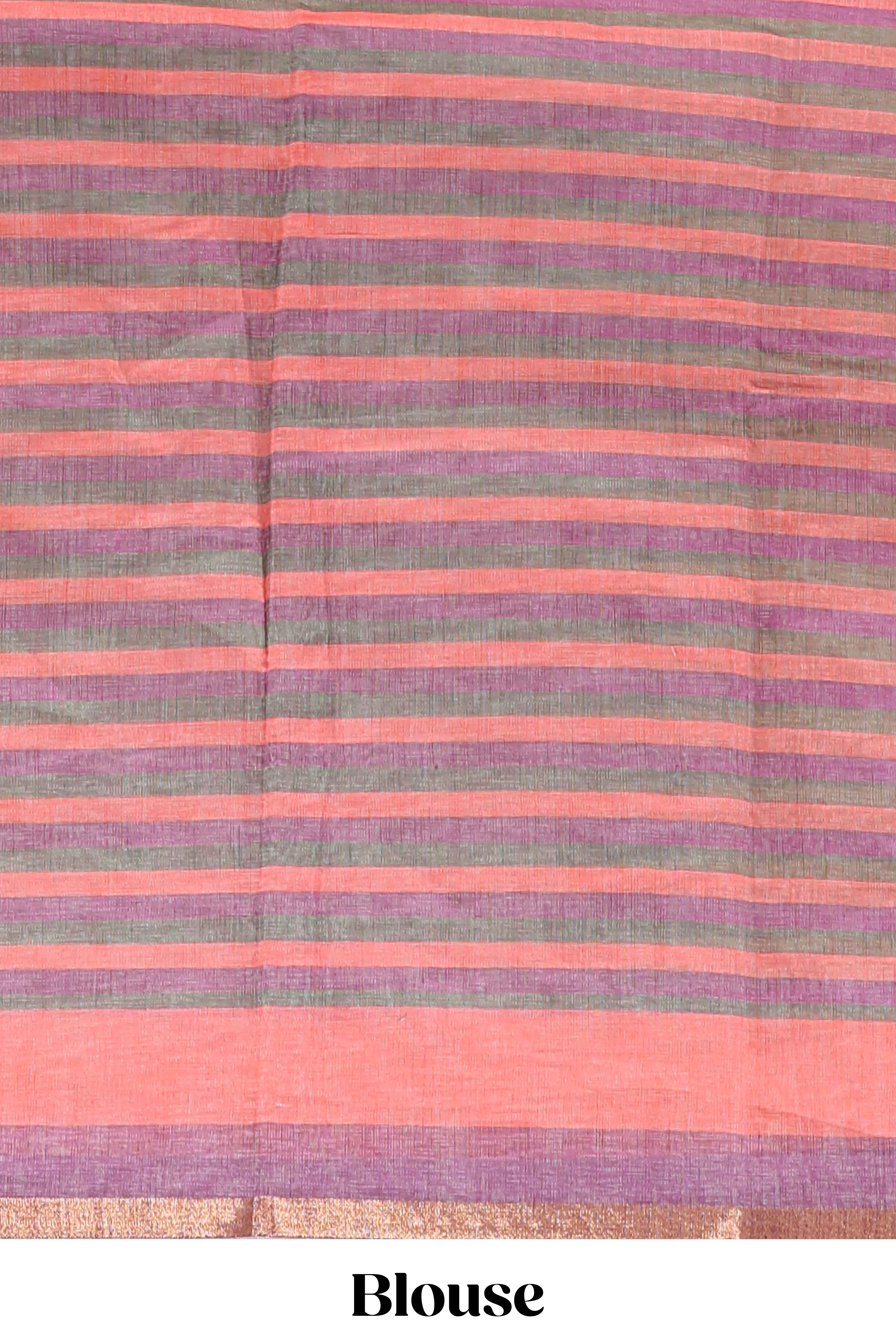 Light pink artistic traditional tribal print linen cotton saree with contrast border and striped blouse
