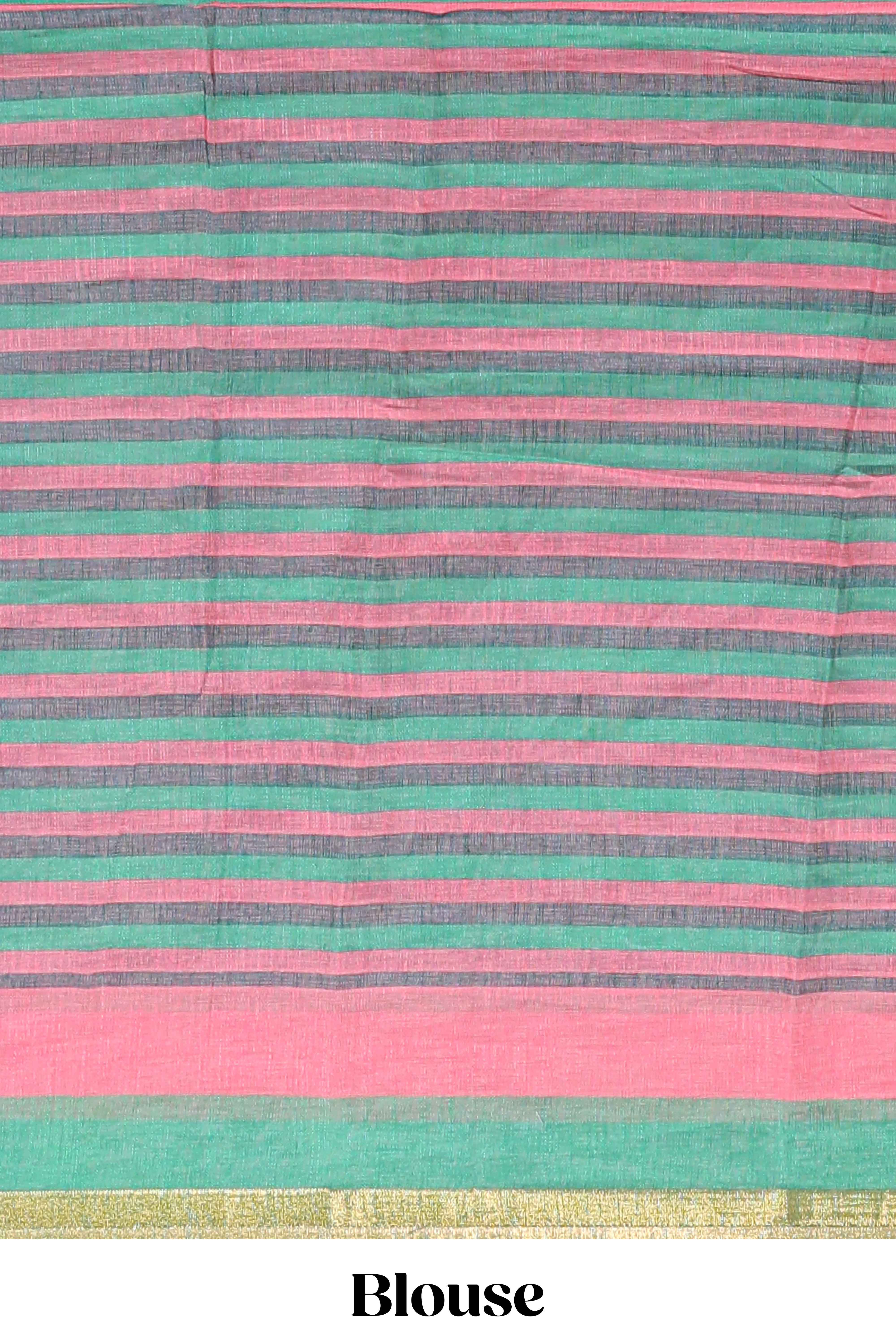 Light green artistic traditional tribal print linen cotton saree with contrast border and striped blouse