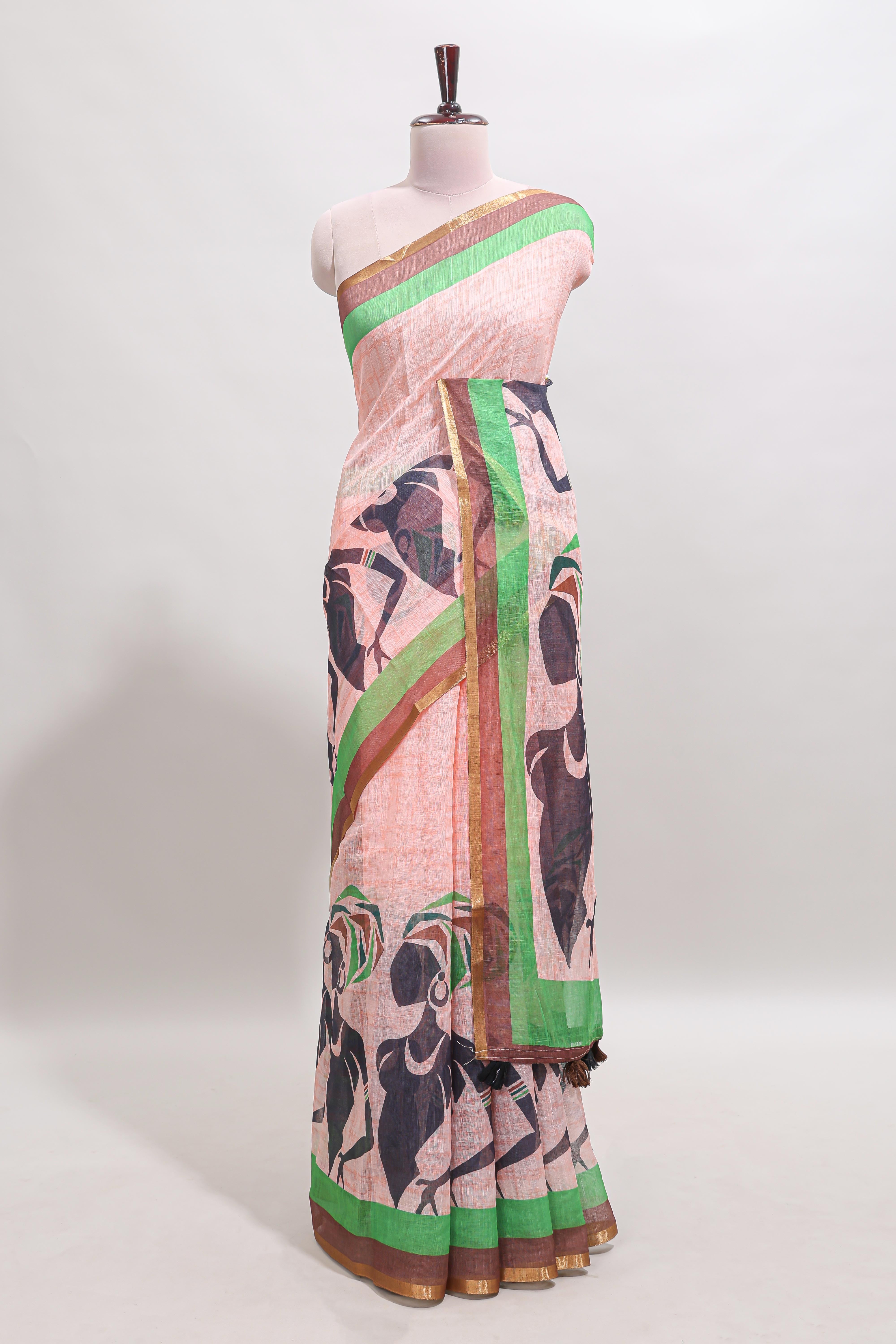 Light brown artistic traditional tribal print linen cotton saree with contrast border and striped blouse