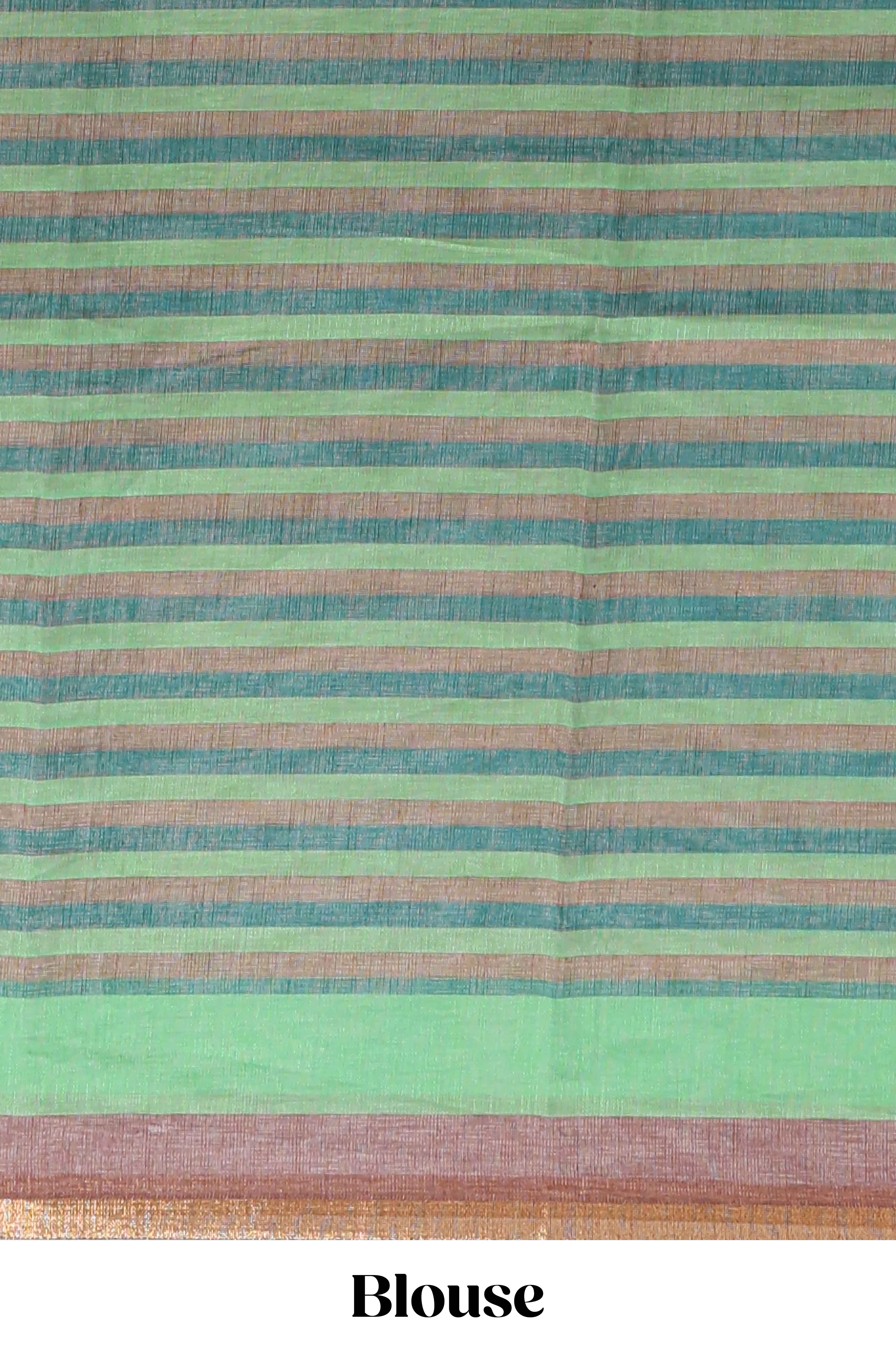 Light brown artistic traditional tribal print linen cotton saree with contrast border and striped blouse