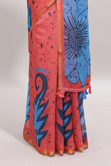 Orange floral design linen cotton saree with self zari border and contrast blouse