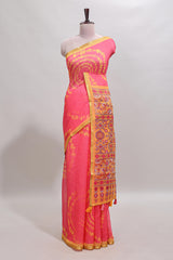 Pink shibori design linen cotton saree with contrast zari border and printed blouse