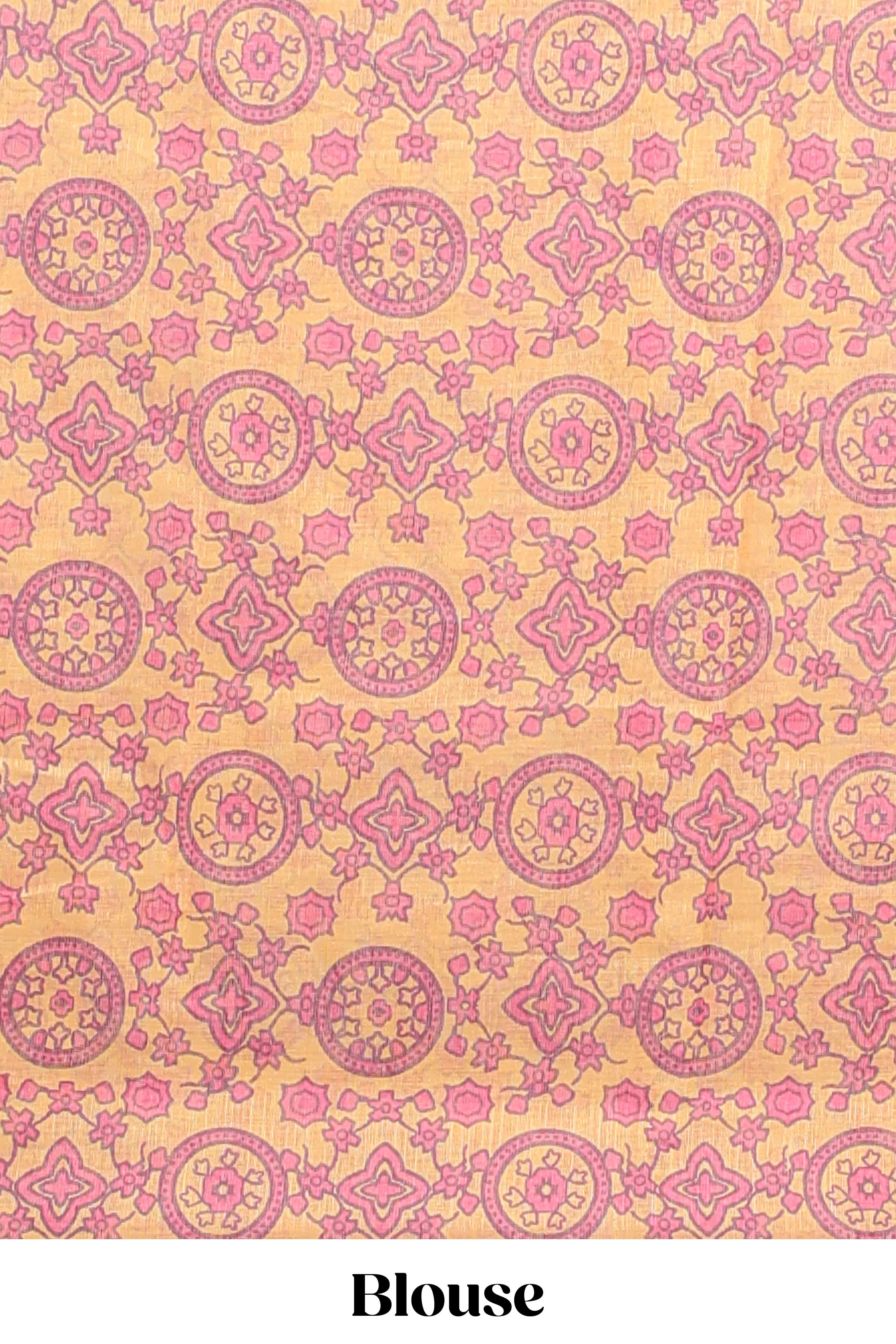 Pink shibori design linen cotton saree with contrast zari border and printed blouse