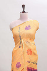 Orange floral design linen cotton saree with self zari border and contrast blouse
