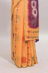 Orange floral design linen cotton saree with self zari border and contrast blouse