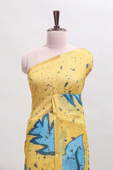 Yellow floral design linen cotton saree with self zari border and contrast blouse