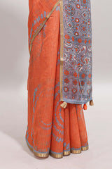 Orange shibori design linen cotton saree with contrast zari border and printed blouse