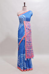 Blue shibori design linen cotton saree with contrast zari border and printed blouse