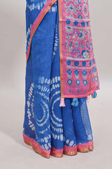 Blue shibori design linen cotton saree with contrast zari border and printed blouse