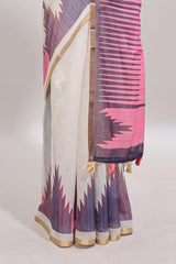 Cream ikkat style linen cotton saree with self zari border and contrast blouse