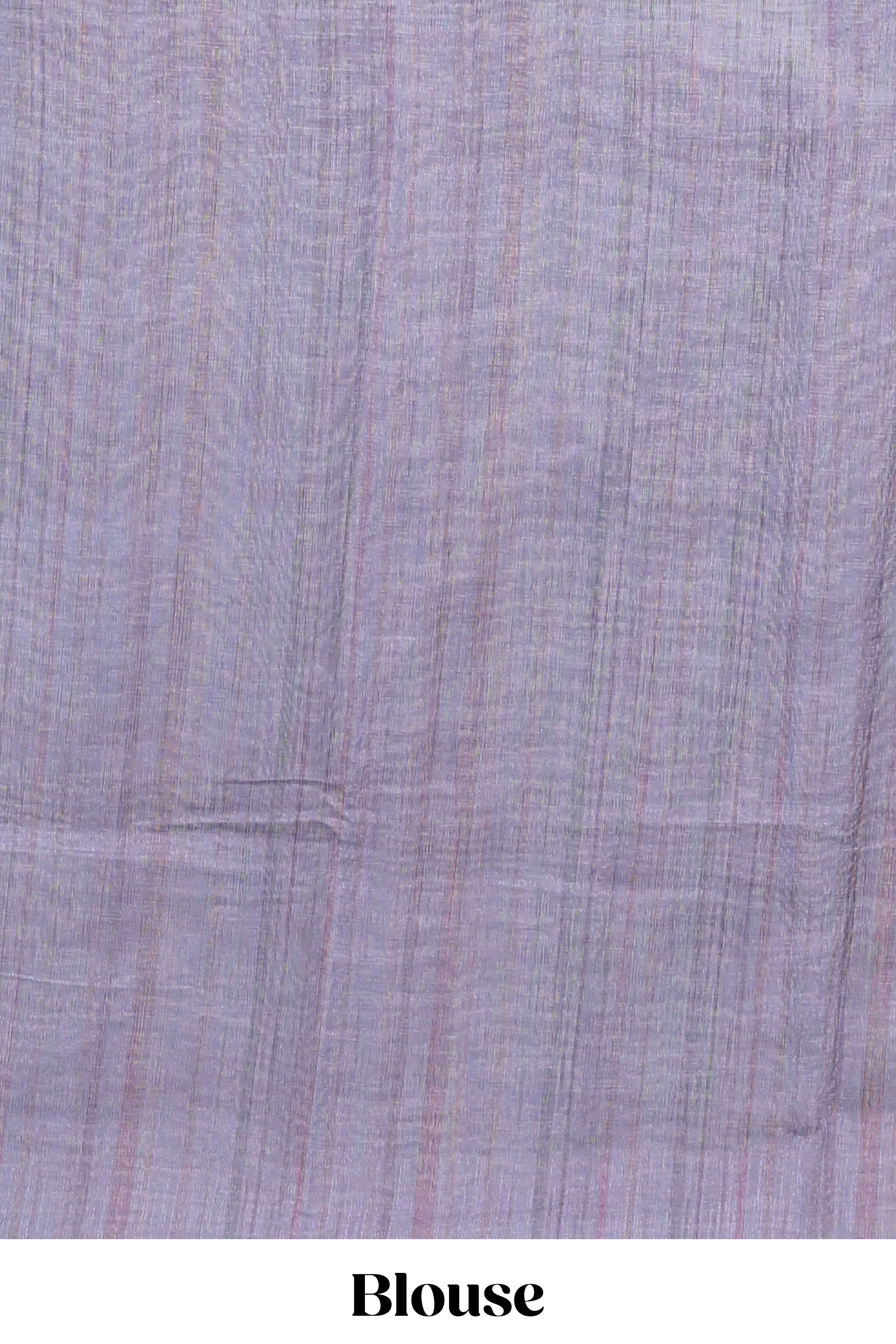 Cream ikkat style linen cotton saree with self zari border and contrast blouse