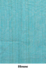 Cream ikkat style linen cotton saree with self zari border and contrast blouse
