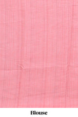 Cream ikkat style linen cotton saree with self zari border and contrast blouse