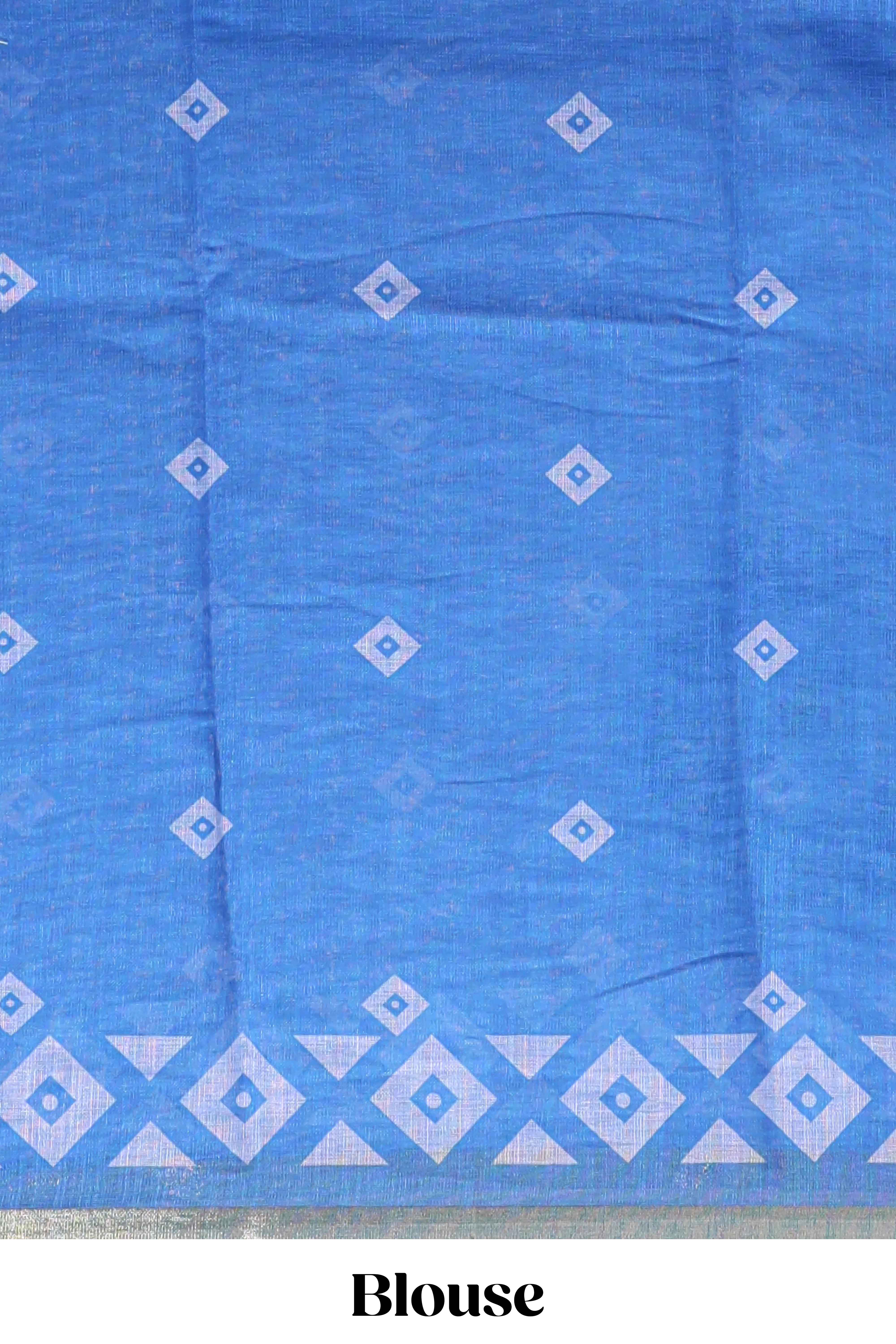 Blue nazar print design linen cotton saree with self zari border and contrast blouse
