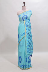 Turquiose green nazar print motifs design linen cotton saree with self zari border and contrast blouse
