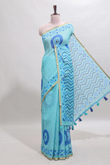 Turquiose green nazar print motifs design linen cotton saree with self zari border and contrast blouse