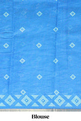 Turquiose green nazar print motifs design linen cotton saree with self zari border and contrast blouse