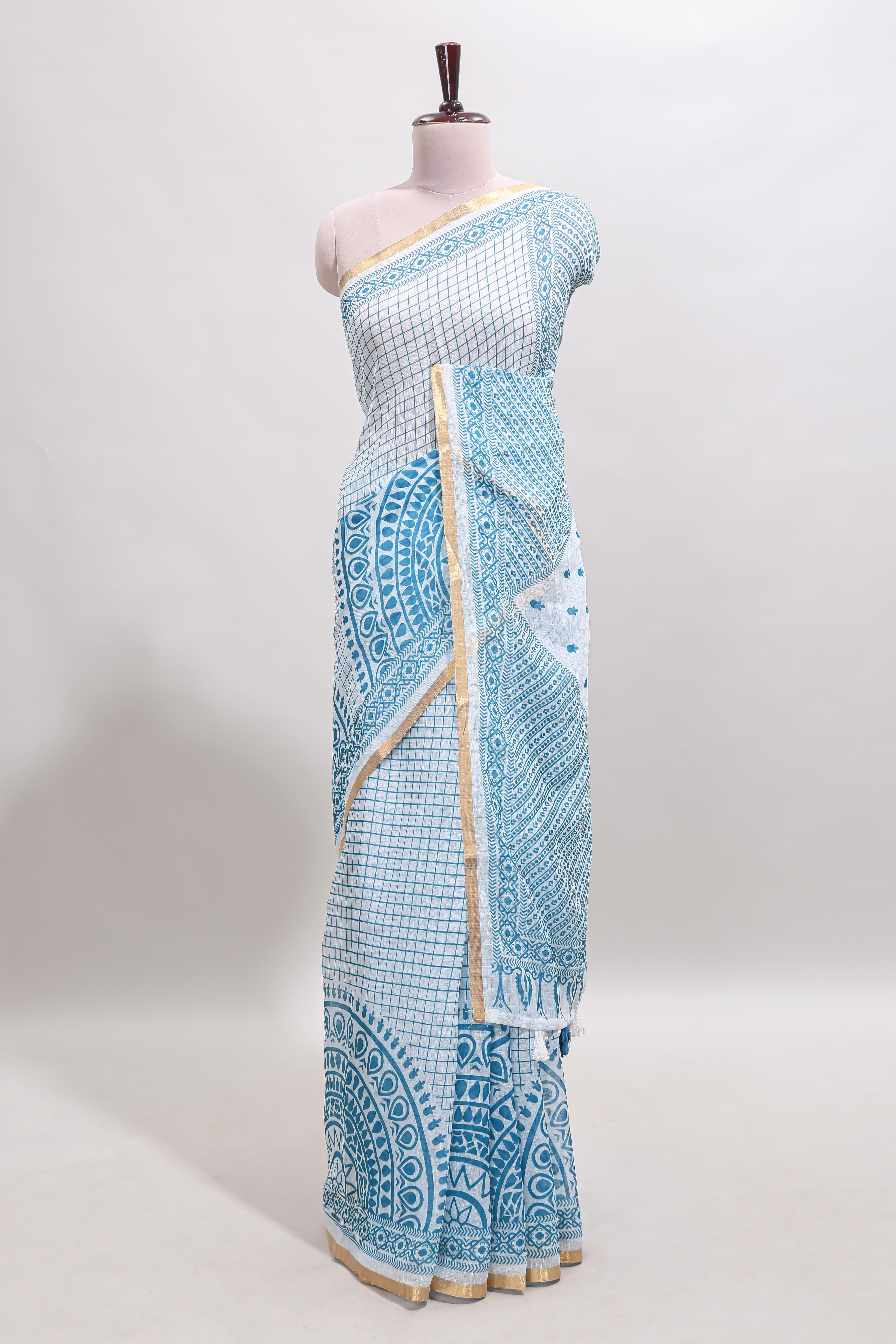 White checked mandala art design linen cotton saree with self zari border and matching blouse