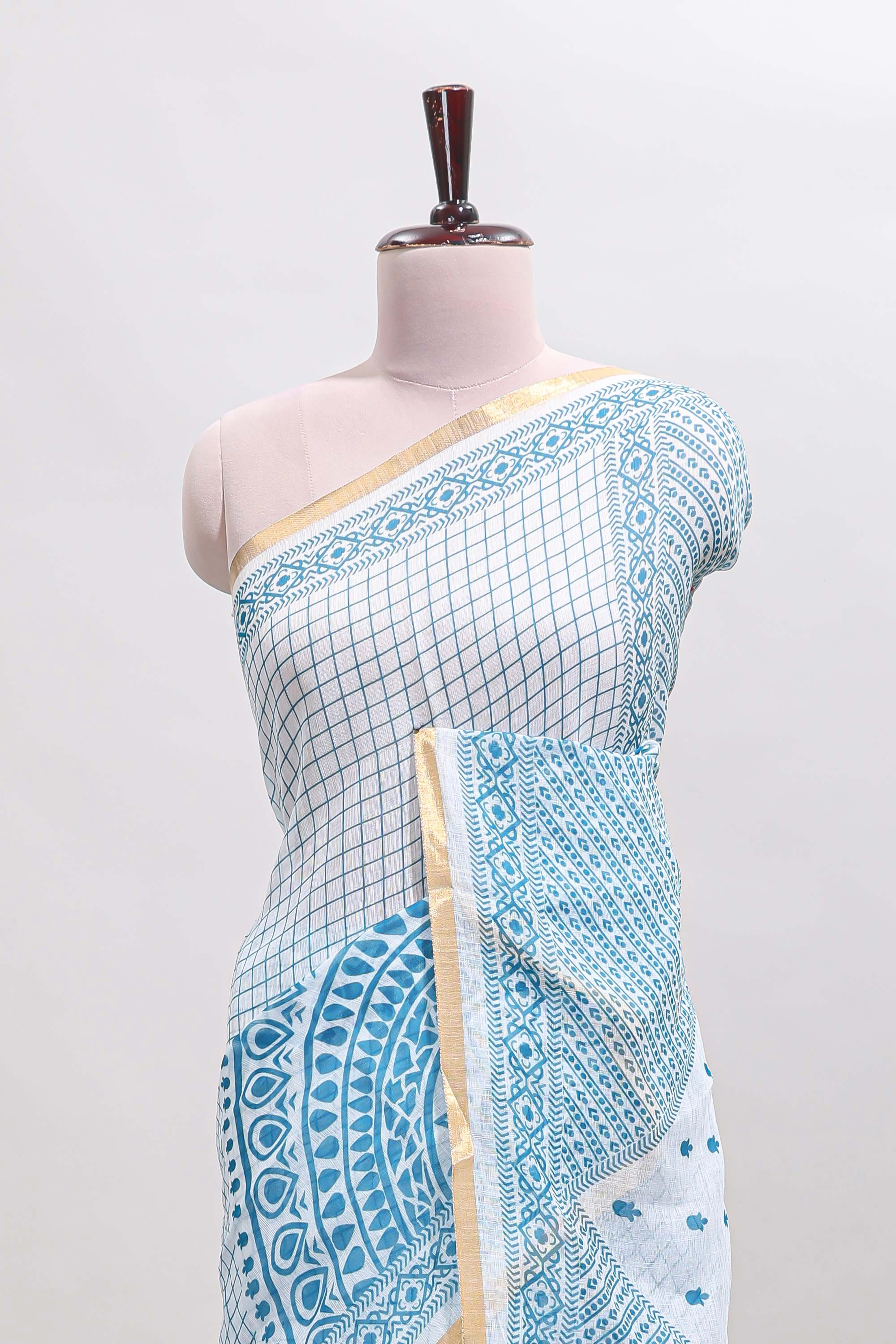 White checked mandala art design linen cotton saree with self zari border and matching blouse