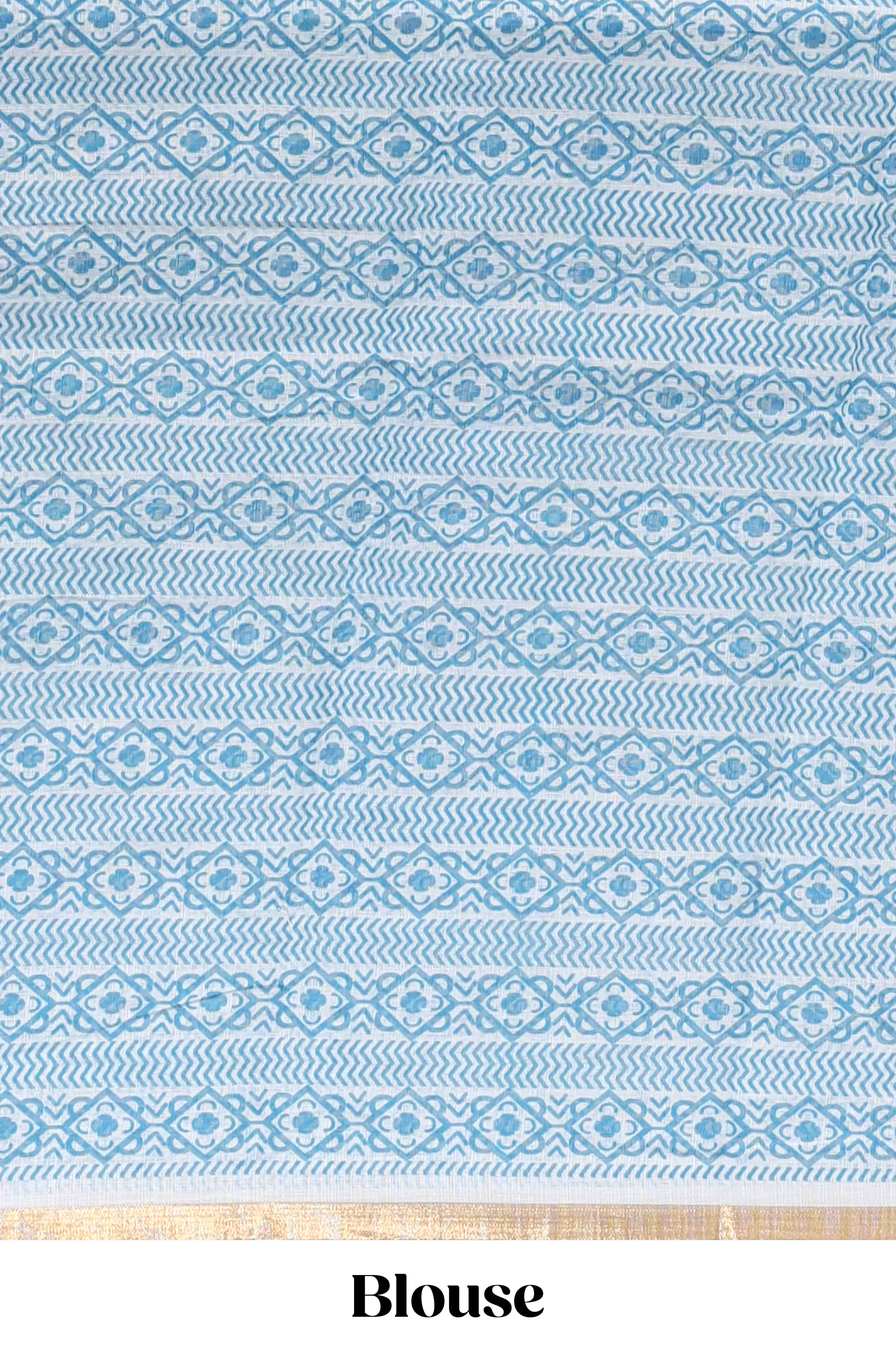White checked mandala art design linen cotton saree with self zari border and matching blouse