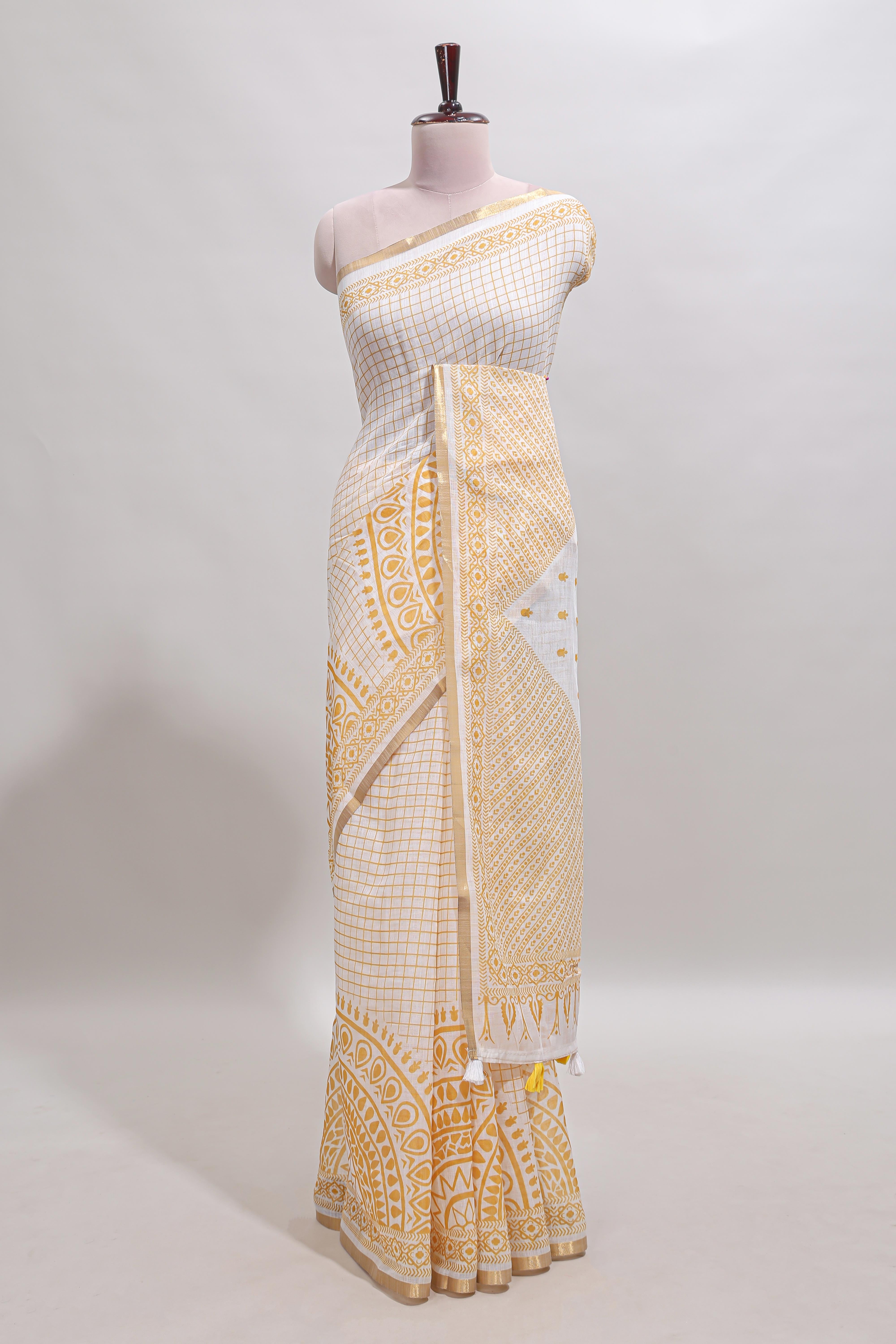 White checked mandala art design linen cotton saree with self zari border and matching blouse