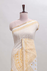 White checked mandala art design linen cotton saree with self zari border and matching blouse