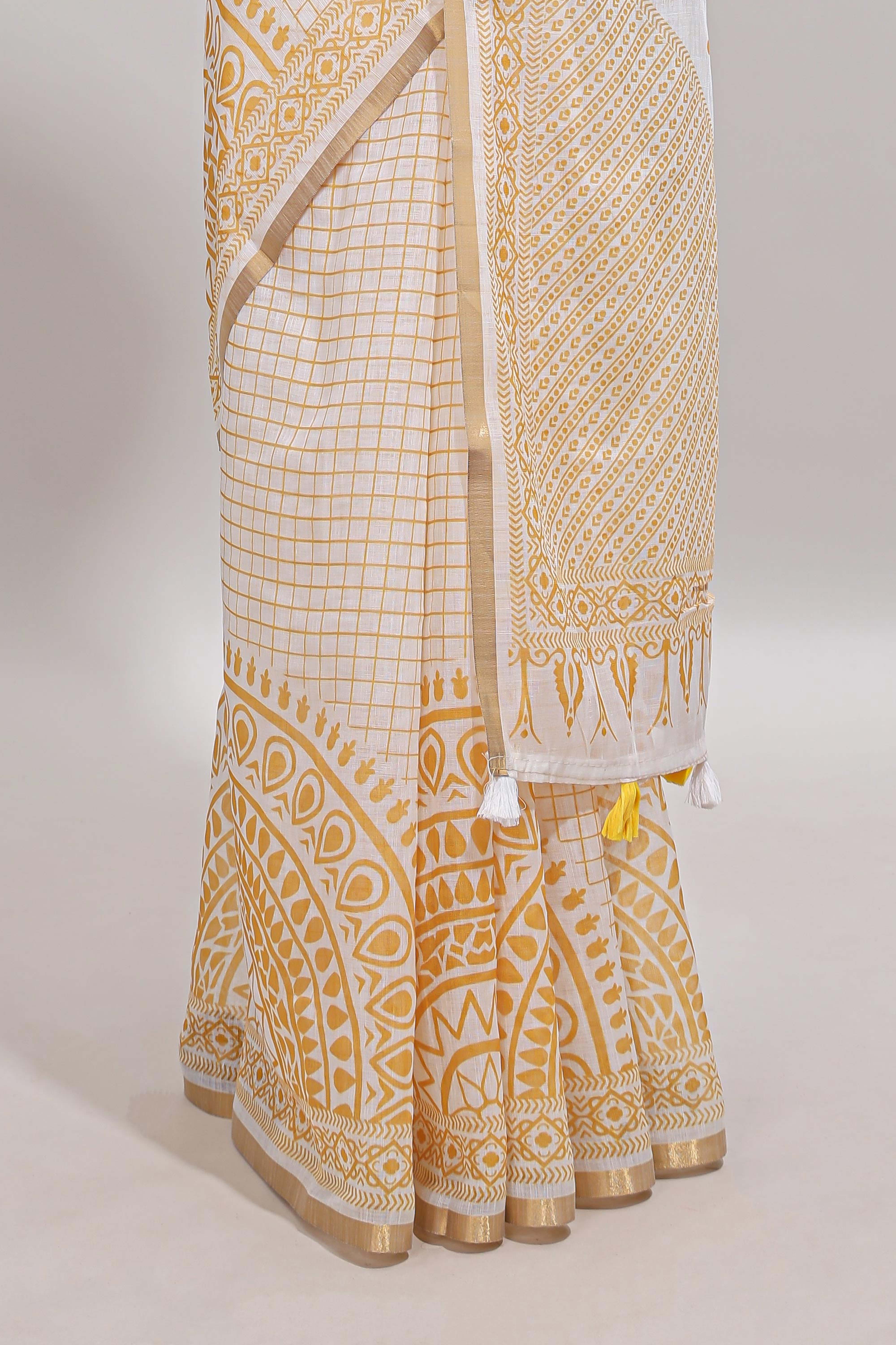 White checked mandala art design linen cotton saree with self zari border and matching blouse