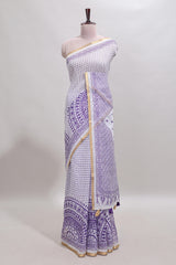 White checked mandala art design linen cotton saree with self zari border and matching blouse