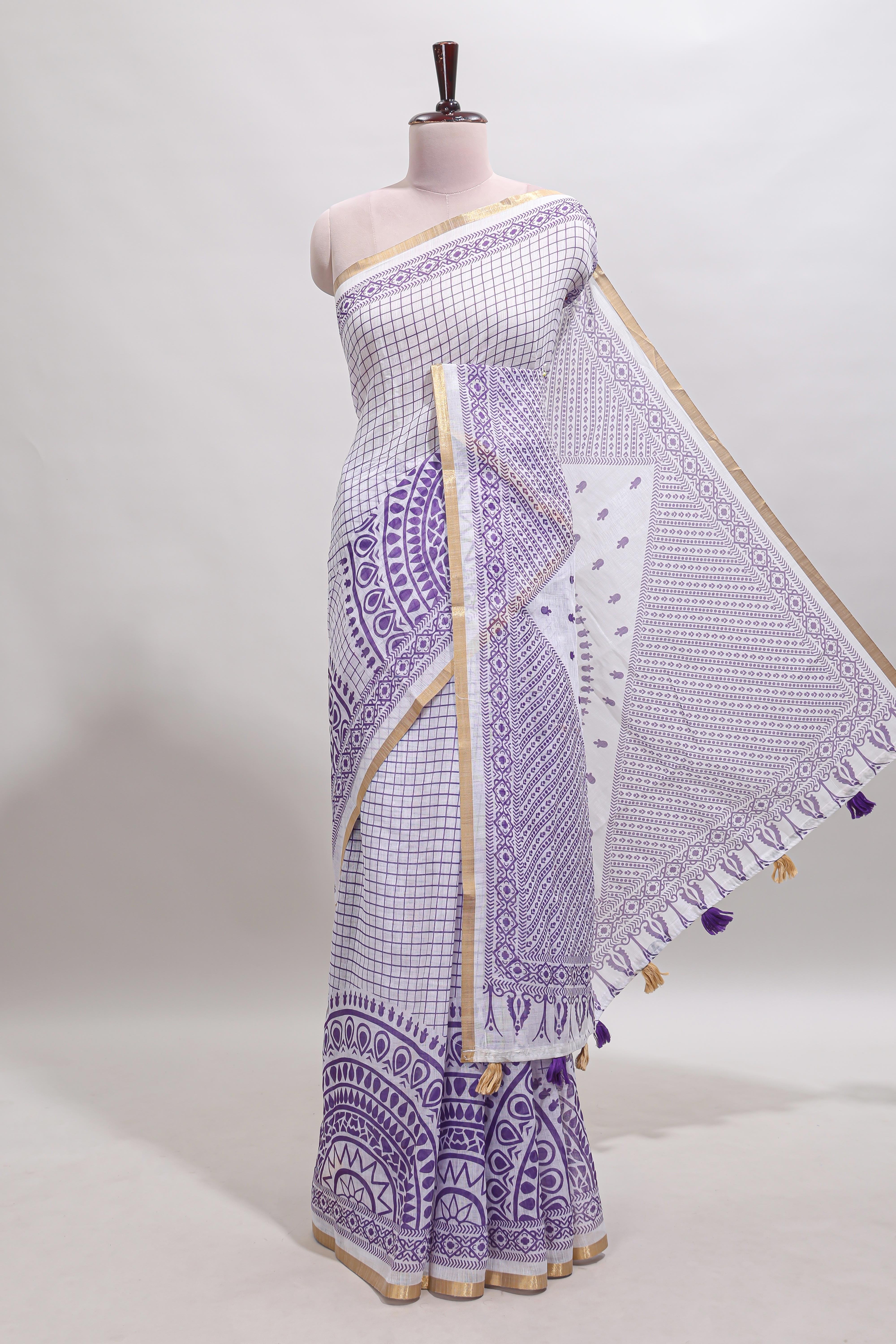 White checked mandala art design linen cotton saree with self zari border and matching blouse