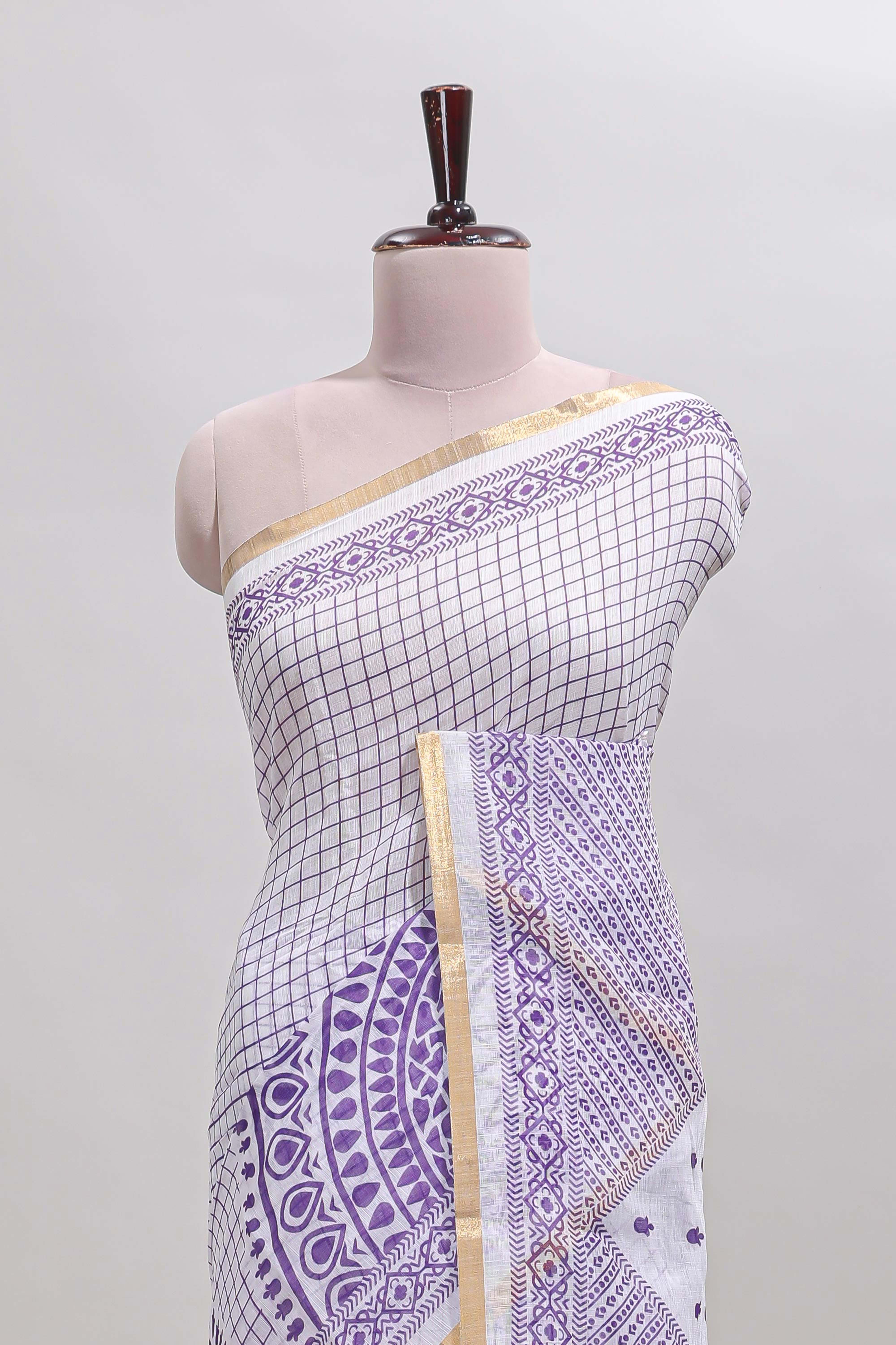 White checked mandala art design linen cotton saree with self zari border and matching blouse