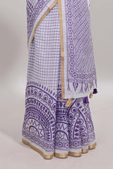 White checked mandala art design linen cotton saree with self zari border and matching blouse